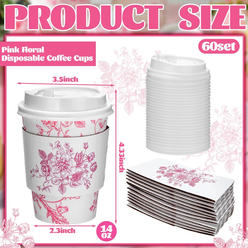 Vesici 60pcs 14oz Pink Disposable Coffee Cups with Lids and Sleeves Botanical Floral Coffee Cups Pink Toilet Paper Cup for Spring Birthday Weddings Bridal Shower Tea Party Supplies - Image 2