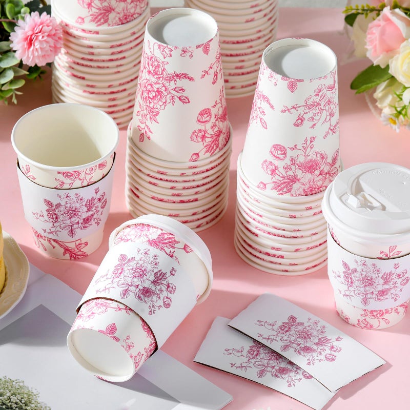 Vesici 60pcs 14oz Pink Disposable Coffee Cups with Lids and Sleeves Botanical Floral Coffee Cups Pink Toilet Paper Cup for Spring Birthday Weddings Bridal Shower Tea Party Supplies - Image 5