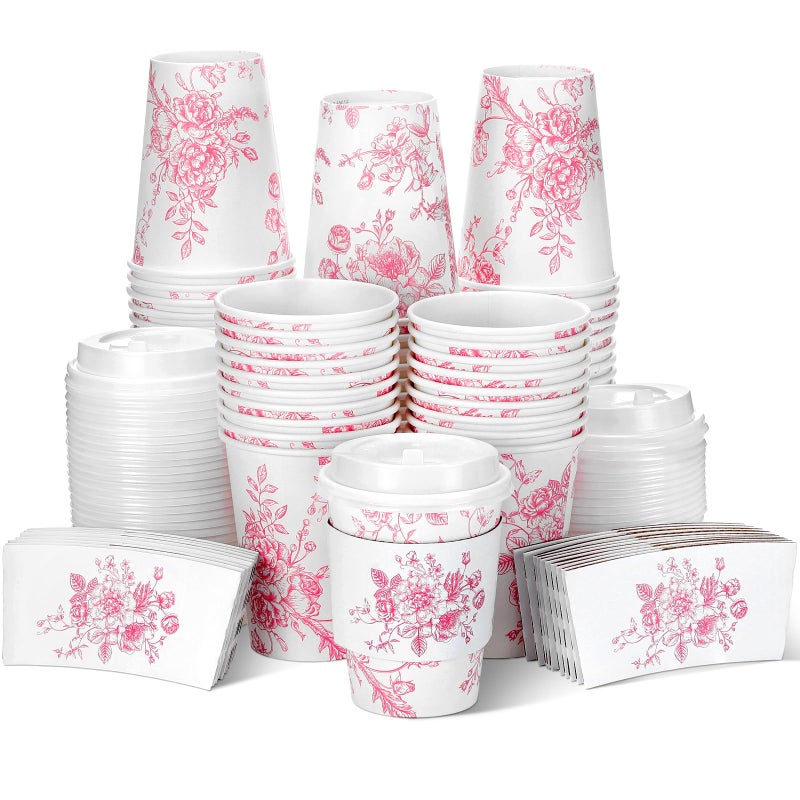 Vesici 60pcs 14oz Pink Disposable Coffee Cups with Lids and Sleeves Botanical Floral Coffee Cups Pink Toilet Paper Cup for Spring Birthday Weddings Bridal Shower Tea Party Supplies - Image 1