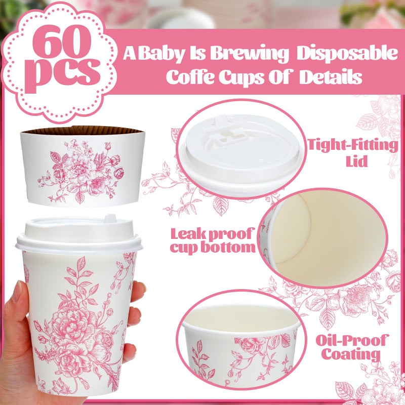Vesici 60pcs 14oz Pink Disposable Coffee Cups with Lids and Sleeves Botanical Floral Coffee Cups Pink Toilet Paper Cup for Spring Birthday Weddings Bridal Shower Tea Party Supplies - Image 3