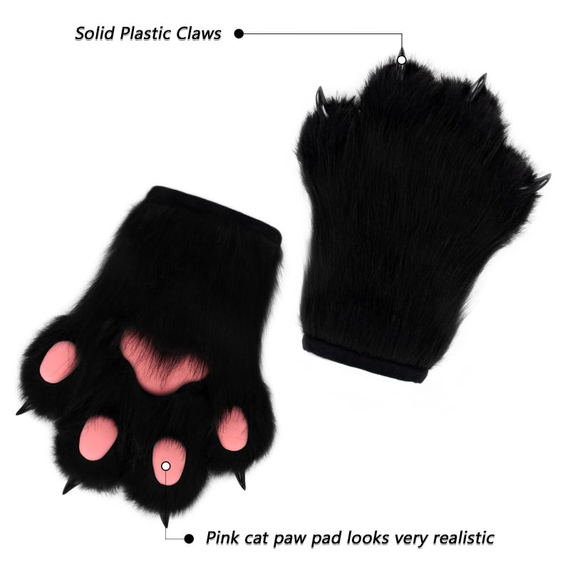 hbbhml Faux Fur Plush Furry Cat Claw Gloves Fursuit Animal Fox Paws Mittens Halloween Cosplay Costume Accessories for Adult - Image 3