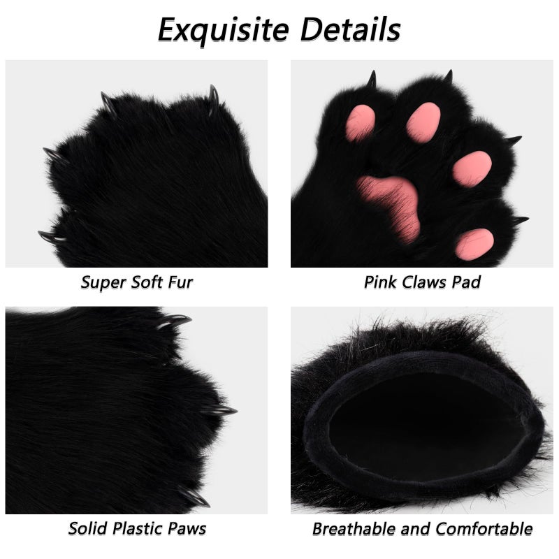 hbbhml Faux Fur Plush Furry Cat Claw Gloves Fursuit Animal Fox Paws Mittens Halloween Cosplay Costume Accessories for Adult - Image 4