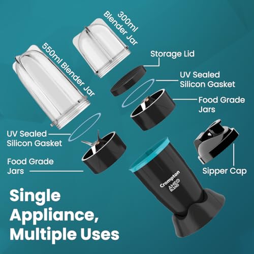 Crompton Ameo Blend | Nutri blender | Smoothie Maker | Mixer Grinder | 400 watts powerful motor | 2 Food grade jars | Sipper Cap | Storage lid | 2 years warranty | Black & Sea Green Color - Image 2