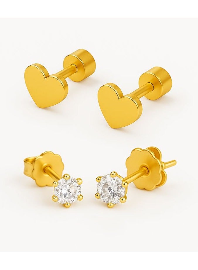 ايرس أقراط ذهبية مرصعة بالزركونيا المكعبة 4 مم، دائرية وقلبية الشكل، للأطفال | مجموعة مطلية بالذهب مضادة للحساسية - Image 1
