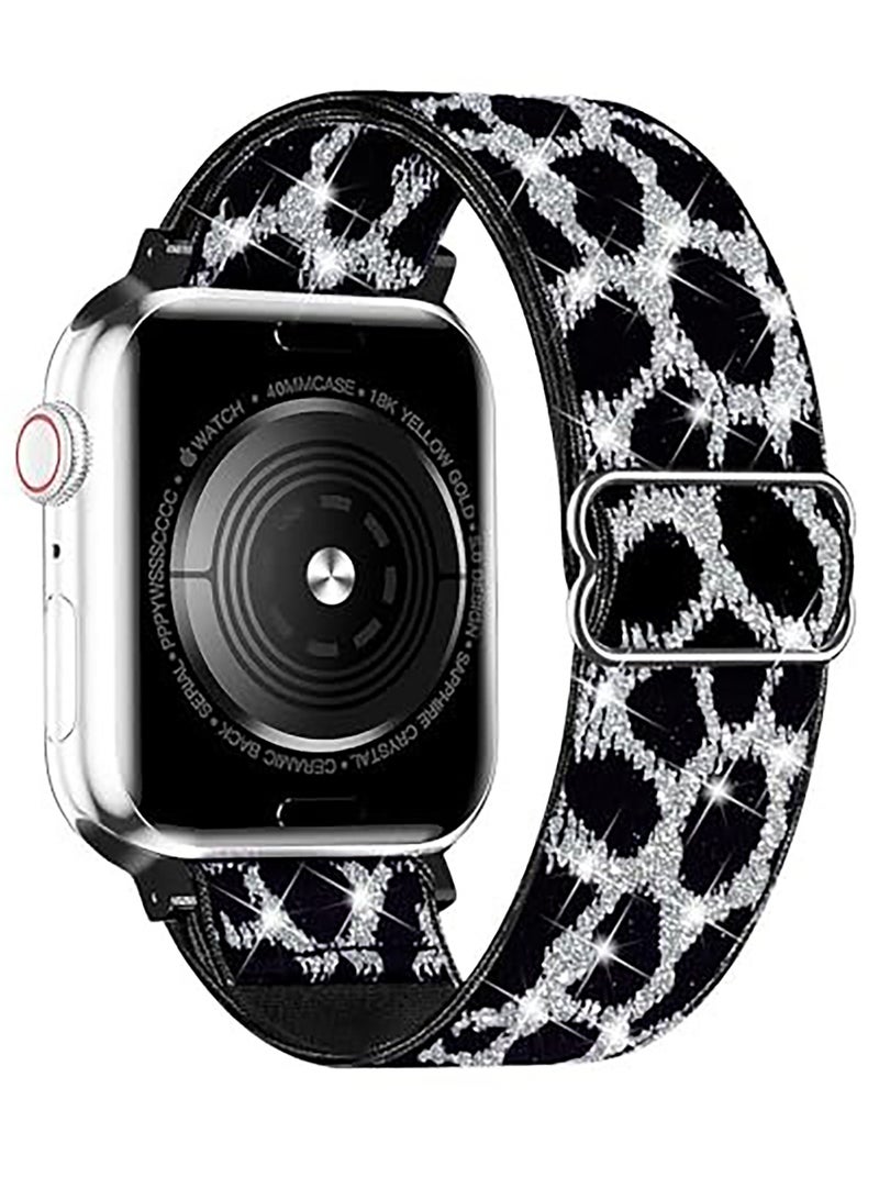 Nylon Solo Loop Stretchy Straps For Apple Watch Band 49mm 45mm 44mm 42mm, Elastic Wristbands Strap for iwatch Series 9 8 7 6 5 4 3 2 1 SE 2 SE Shiny Silver Leopard
