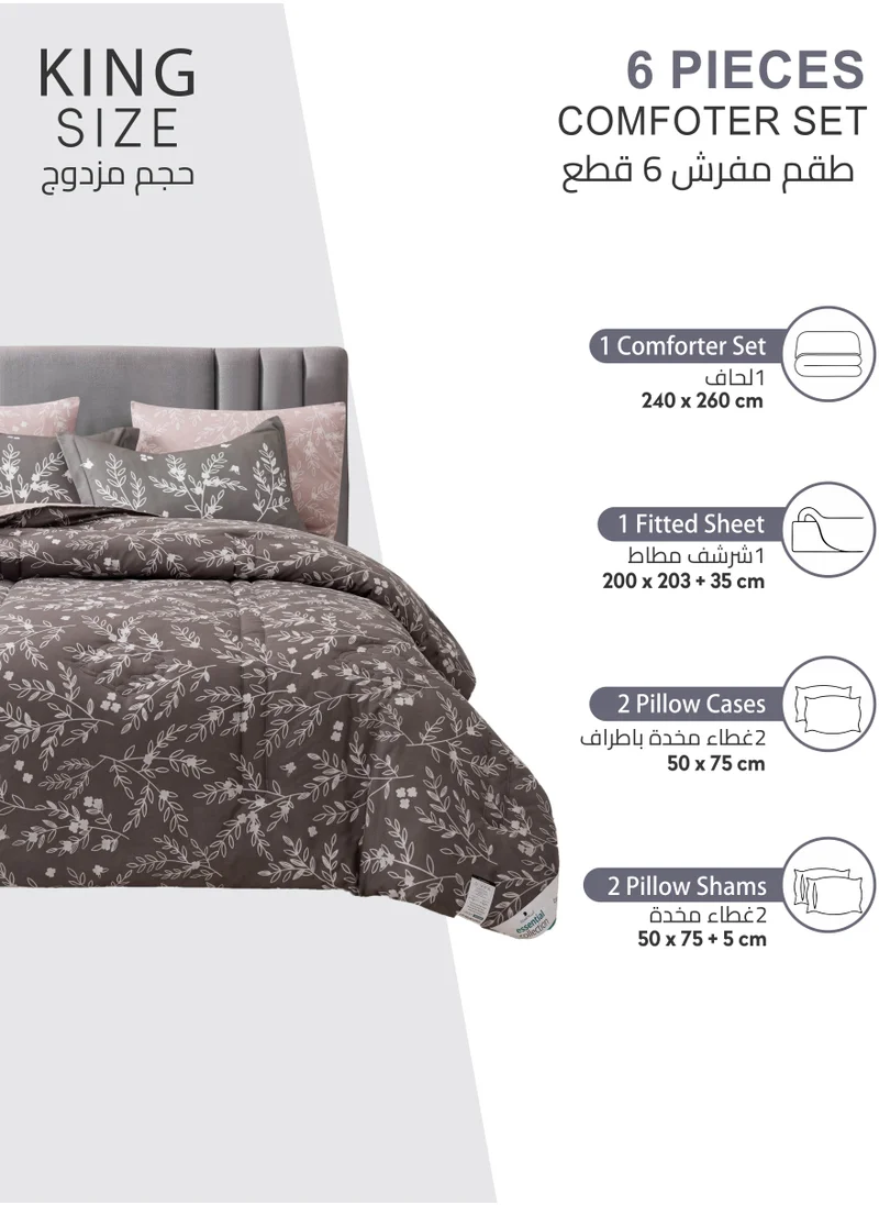 دوناتيلا طقم لحاف مطبوع 6 قطع مقاس كينج طقم لحاف سرير مزدوج قابل للانعكاس مزين طوال الموسم يناسب (200 * 200 سم) مع ملف بديل ناعم للغاية ، رمادي