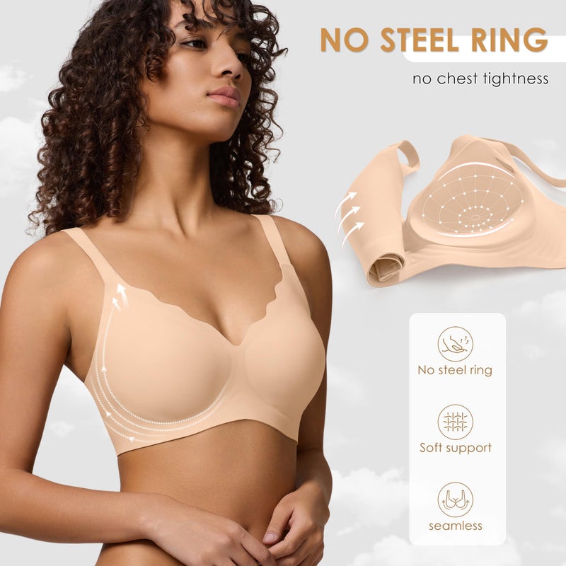 DEANGELMON Seamless Wireless Bra for Women with Support - No Underwire Full Coverage Push Up Comfort Bras - Back Fat Smoothing No Wire Bralette for Womens - Padded Soft Lift Bralettes(Skin,L) - Image 3