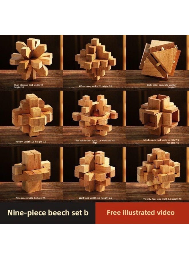 Luban Lock Kongming Lock Beech Wood Unlock Unleash Unleash Children's Educational Assembled Building Blocks Toys For Boys And Elementary School Students Cheap-Color:High-grade Beech 9-piece Set B (recommended For Primary School Students)