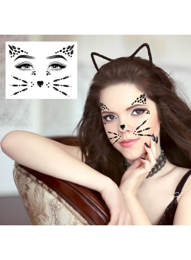 Qpout Cat Face Gems Face Jewels for Women kids Face Rhinestones Stick on cat whiskers costume accessory for face Rave Accessories Body Gems Cat Halloween Makeup 4 Sheets - Image 3