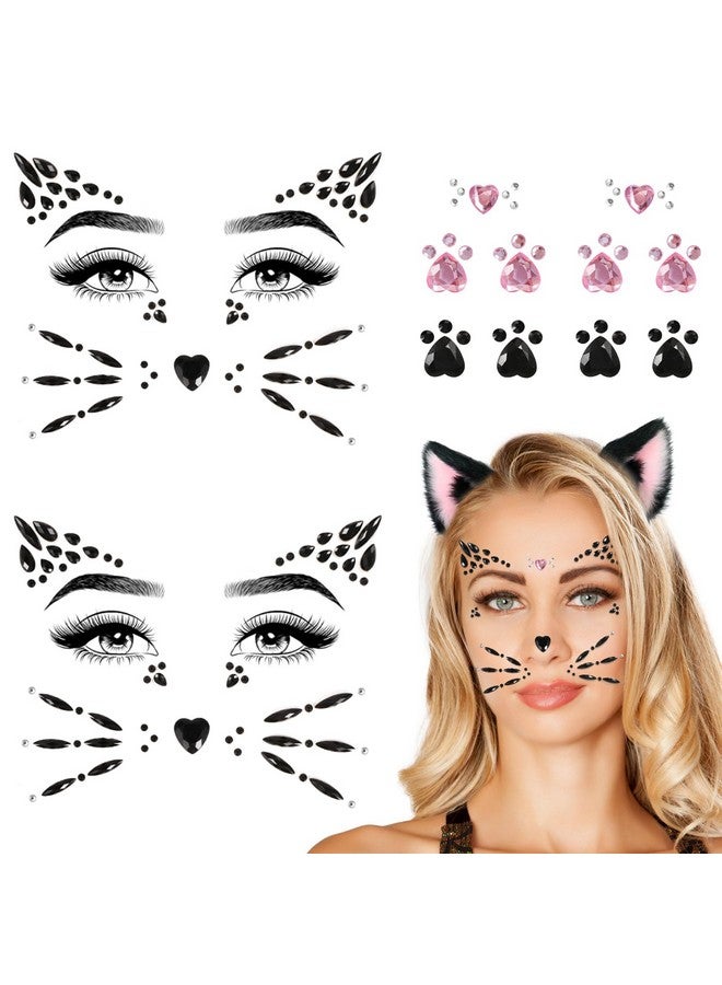 Qpout Cat Face Gems Face Jewels for Women kids Face Rhinestones Stick on cat whiskers costume accessory for face Rave Accessories Body Gems Cat Halloween Makeup 4 Sheets - Image 1