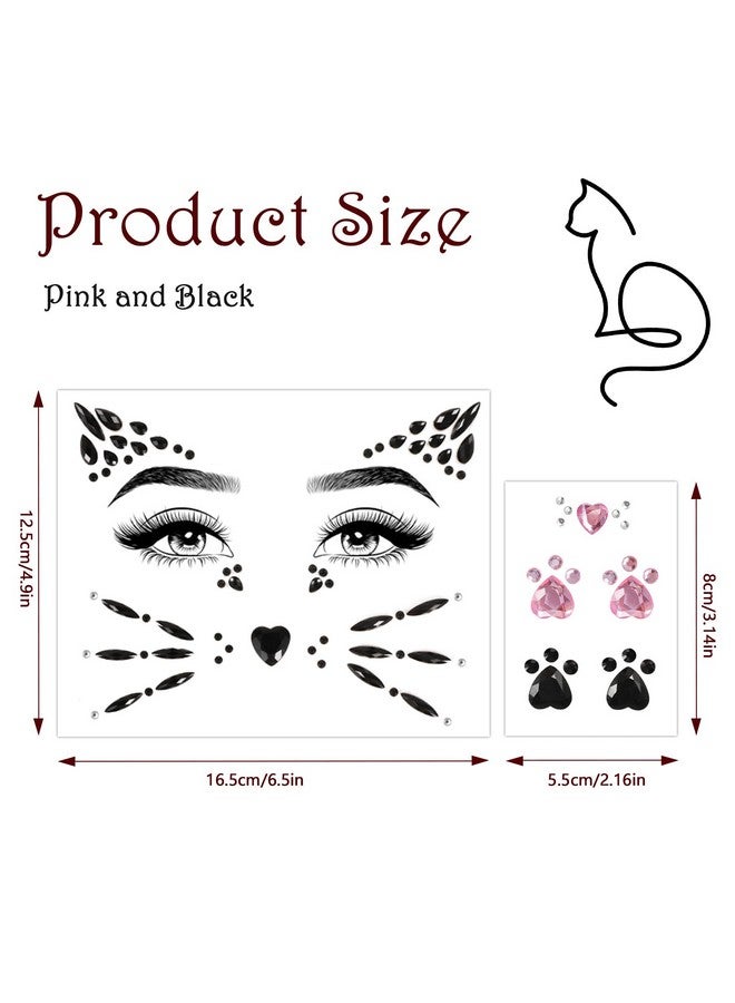 Qpout Cat Face Gems Face Jewels for Women kids Face Rhinestones Stick on cat whiskers costume accessory for face Rave Accessories Body Gems Cat Halloween Makeup 4 Sheets - Image 2