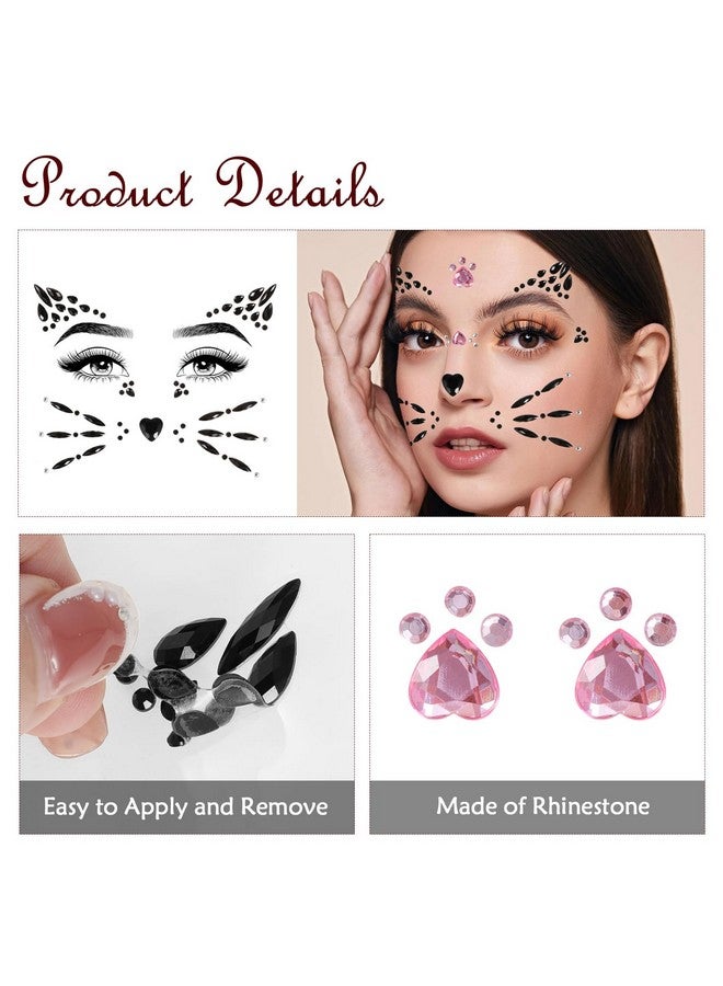 Qpout Cat Face Gems Face Jewels for Women kids Face Rhinestones Stick on cat whiskers costume accessory for face Rave Accessories Body Gems Cat Halloween Makeup 4 Sheets - Image 4