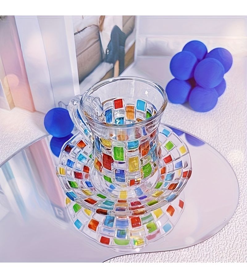 Blue And Green Painting Plaid Pattern Colored Glass Coffee Tea Cup Set With Saucer For Home Kitchen Dining Room Cafes Festive Gatherings - Image 4