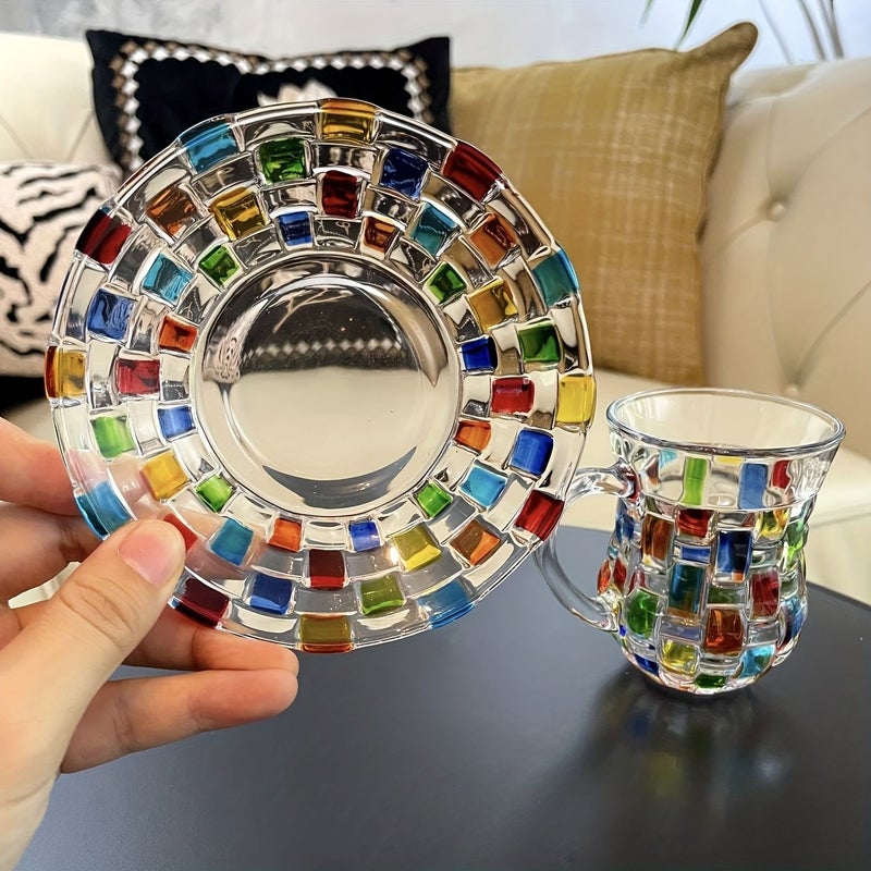 Blue And Green Painting Plaid Pattern Colored Glass Coffee Tea Cup Set With Saucer For Home Kitchen Dining Room Cafes Festive Gatherings - Image 5