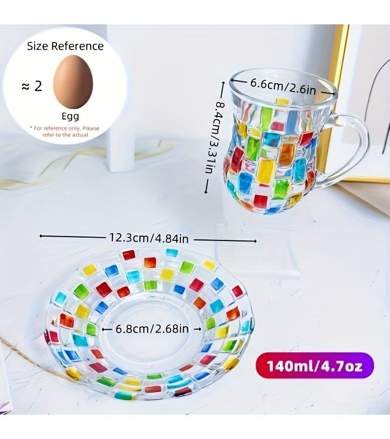 Blue And Green Painting Plaid Pattern Colored Glass Coffee Tea Cup Set With Saucer For Home Kitchen Dining Room Cafes Festive Gatherings - Image 2