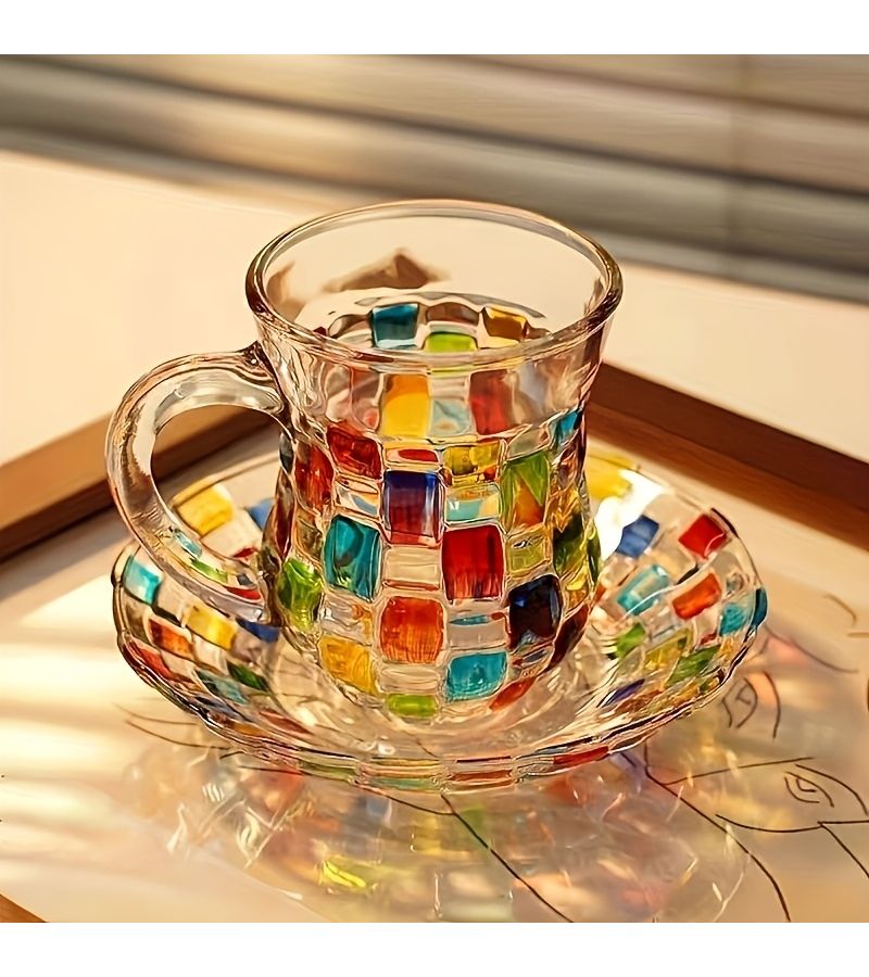 Blue And Green Painting Plaid Pattern Colored Glass Coffee Tea Cup Set With Saucer For Home Kitchen Dining Room Cafes Festive Gatherings - Image 1
