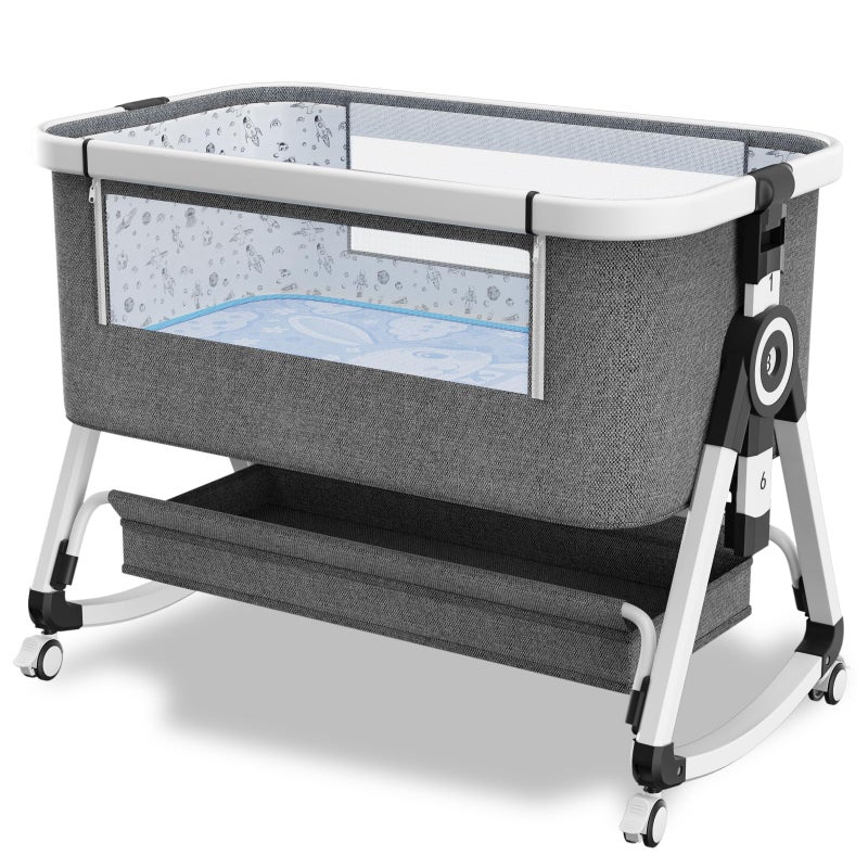 whiffee 3 in 1 Baby Bassinet,Bedside Sleeper with Storage Basket and Wheels,Portable Baby Crib with Mosquito Net, 6 Adjustable Height & Breathable Mesh,Easy to Fold (White&Grey) - Image 1