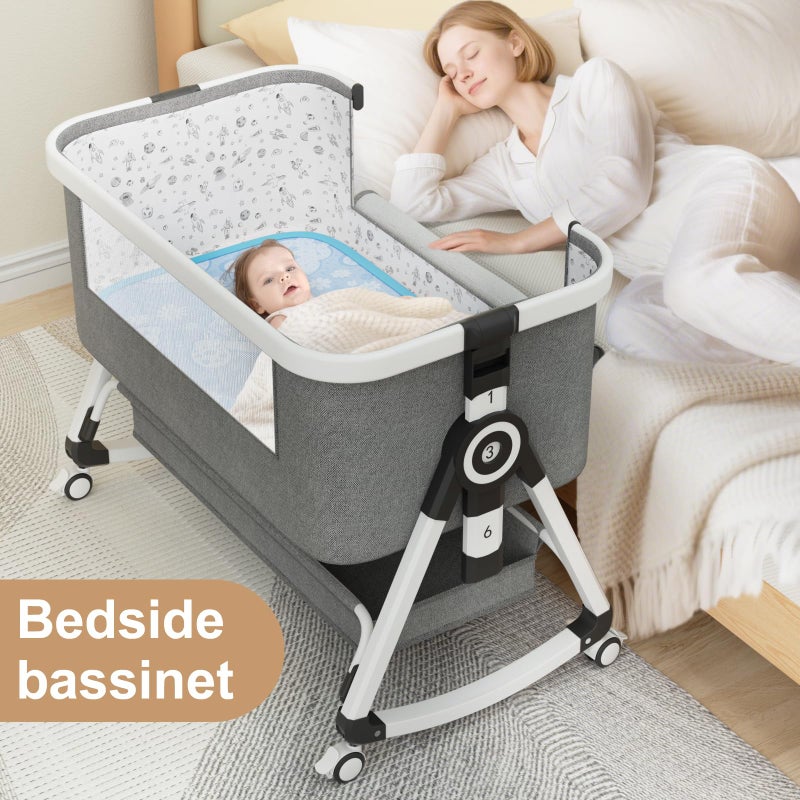 whiffee 3 in 1 Baby Bassinet,Bedside Sleeper with Storage Basket and Wheels,Portable Baby Crib with Mosquito Net, 6 Adjustable Height & Breathable Mesh,Easy to Fold (White&Grey) - Image 4