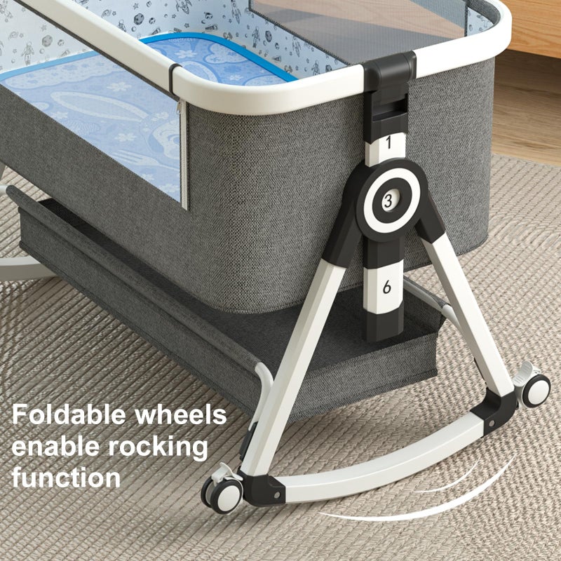 whiffee 3 in 1 Baby Bassinet,Bedside Sleeper with Storage Basket and Wheels,Portable Baby Crib with Mosquito Net, 6 Adjustable Height & Breathable Mesh,Easy to Fold (White&Grey) - Image 5