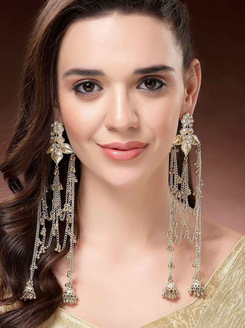 Karatcart Ethnic Gold-Plated Long Chain Golden Tassels Dangler Earrings for Women - Image 3