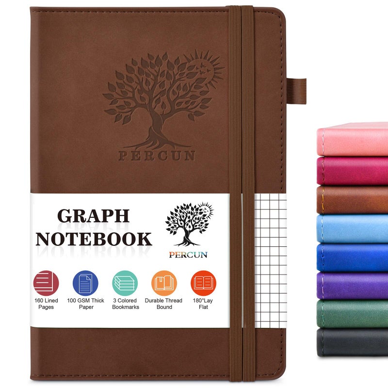 PERCUN Graph Paper Notebook, 160 Pages Grid Journal for women & men, A5 Hardcover Leather Graphing Notebook for School, Work, Travel, Note Taking 5.9â€x8.5â€ (Brown) - Image 1