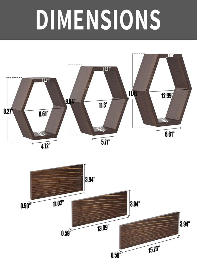 LUDORU Wooden Hexagon Floating Shelves Wall Mounted,Set of 6 Pine Hexagon Shelves Display for Photos,Plants,Rustic Honeycomb Shelves for Living Room,Bedroom,Bathroom, Kitchen, Office Decor, Rustic Brown. - Image 3