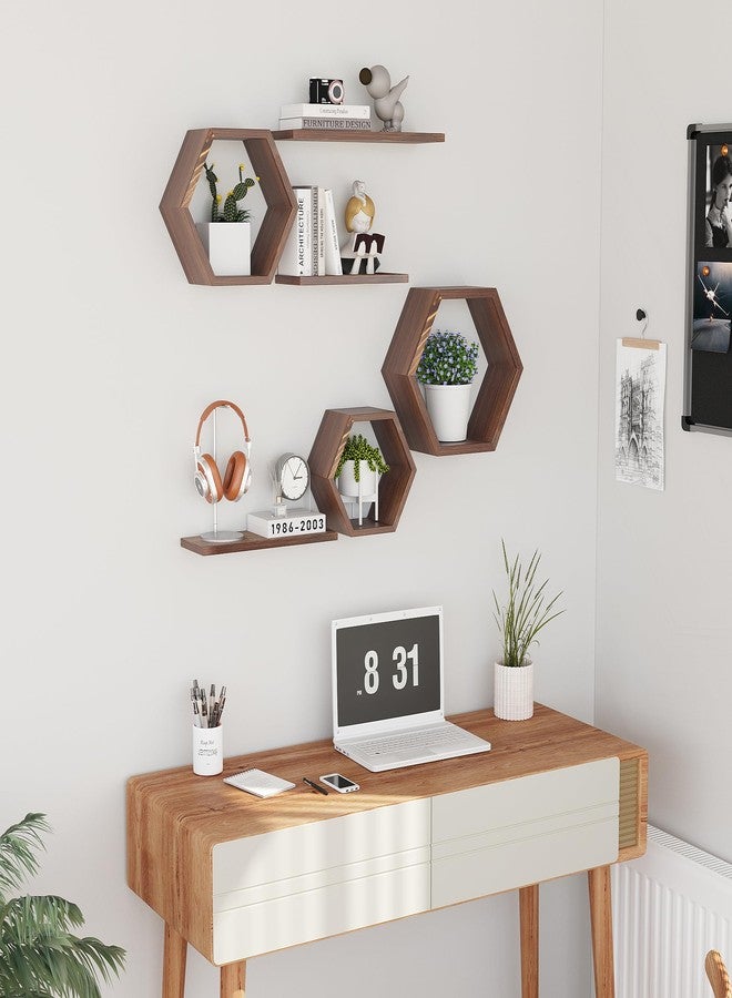 LUDORU Wooden Hexagon Floating Shelves Wall Mounted,Set of 6 Pine Hexagon Shelves Display for Photos,Plants,Rustic Honeycomb Shelves for Living Room,Bedroom,Bathroom, Kitchen, Office Decor, Rustic Brown. - Image 4