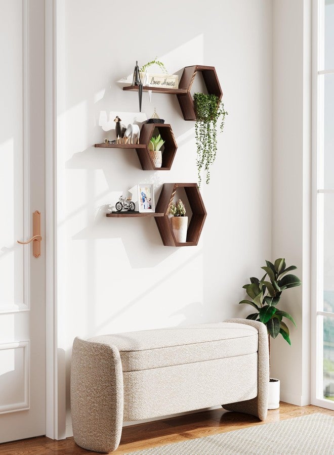 LUDORU Wooden Hexagon Floating Shelves Wall Mounted,Set of 6 Pine Hexagon Shelves Display for Photos,Plants,Rustic Honeycomb Shelves for Living Room,Bedroom,Bathroom, Kitchen, Office Decor, Rustic Brown. - Image 2