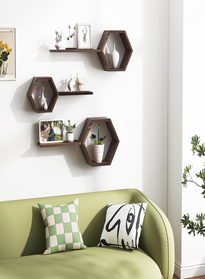 LUDORU Wooden Hexagon Floating Shelves Wall Mounted,Set of 6 Pine Hexagon Shelves Display for Photos,Plants,Rustic Honeycomb Shelves for Living Room,Bedroom,Bathroom, Kitchen, Office Decor, Rustic Brown. - Image 5