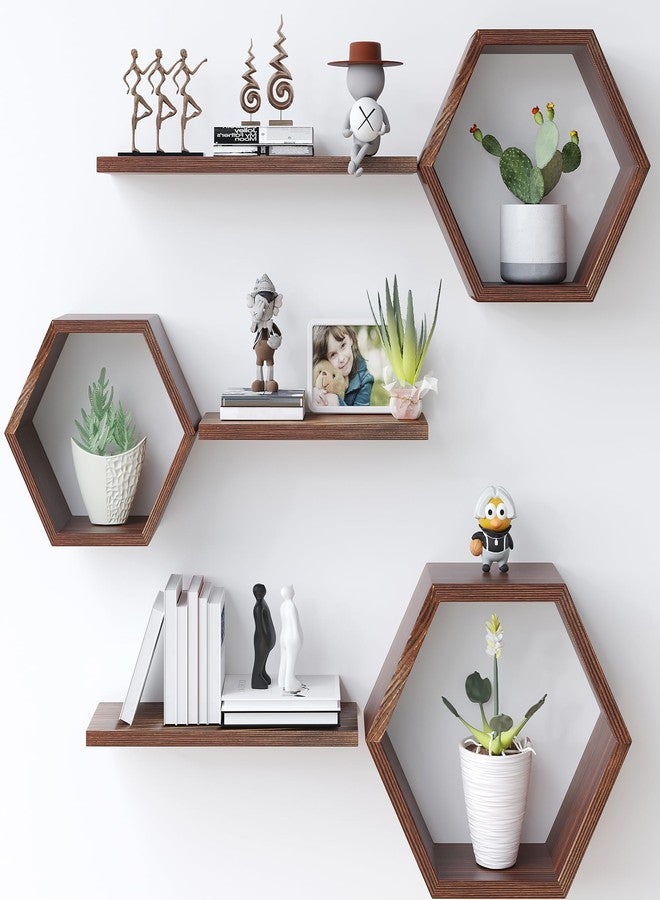 LUDORU Wooden Hexagon Floating Shelves Wall Mounted,Set of 6 Pine Hexagon Shelves Display for Photos,Plants,Rustic Honeycomb Shelves for Living Room,Bedroom,Bathroom, Kitchen, Office Decor, Rustic Brown. - Image 1