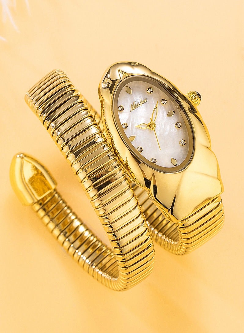 مس_فوكس ساعة نسائية فاخرة بتصميم سوار على شكل ثعبان ملتف، أنيقة وعصرية، كوارتز مقاومة للماء - Image 2