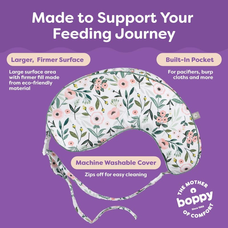boppy وسادة بوبّي للرضاعة - وسادة زجاجة ووسادة للرضاعة لتقليل القيء وأعراض الارتجاع، مع فتحة شاملة للجسم وحزام، معتمدة من تحالف سلامة الأطفال - زهور حديقة وردية - Image 5