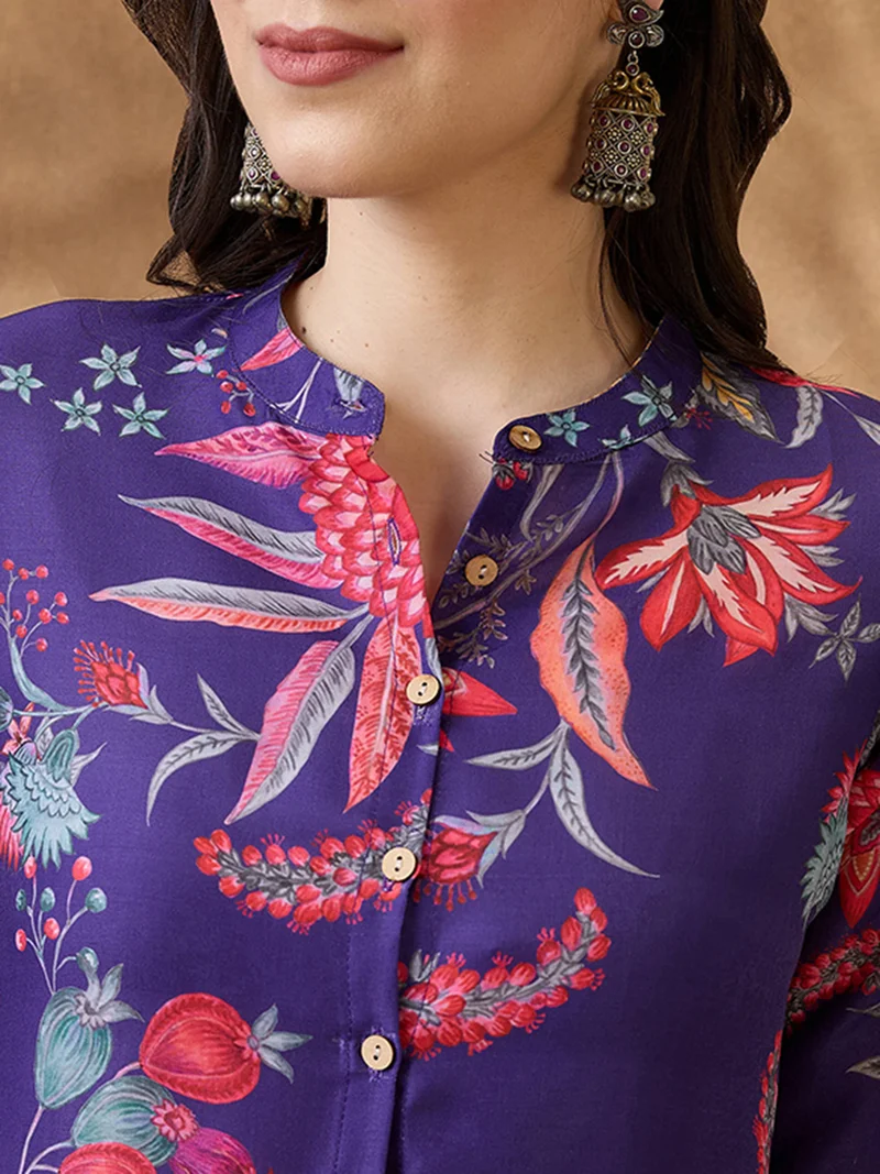 globus Women Purple Mandarin Collar Floral Print Button Down Front Slit Straight Kurta With Pants Fusion Set