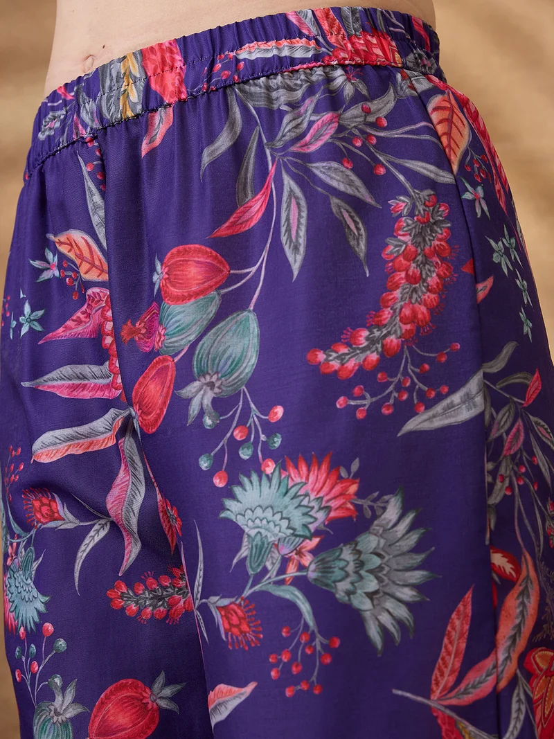 globus Women Purple Mandarin Collar Floral Print Button Down Front Slit Straight Kurta With Pants Fusion Set