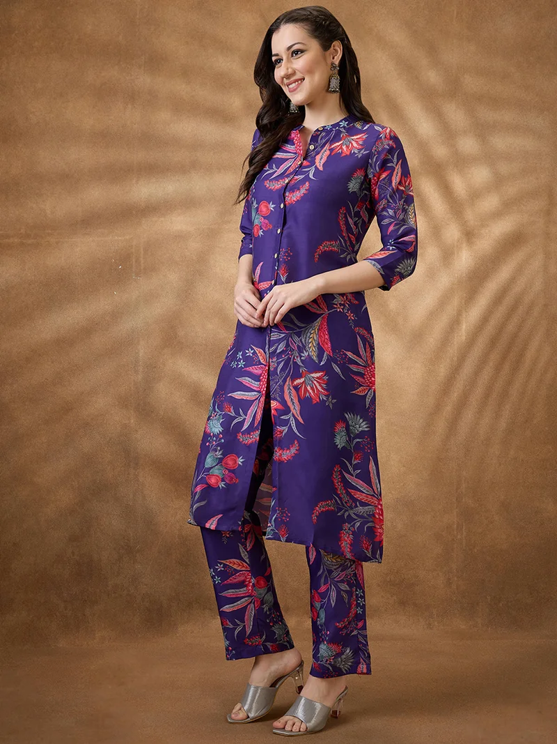 globus Women Purple Mandarin Collar Floral Print Button Down Front Slit Straight Kurta With Pants Fusion Set