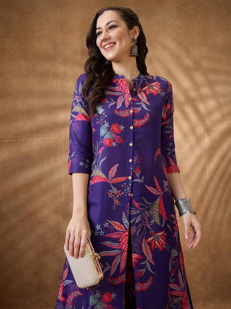 globus Women Purple Mandarin Collar Floral Print Button Down Front Slit Straight Kurta With Pants Fusion Set