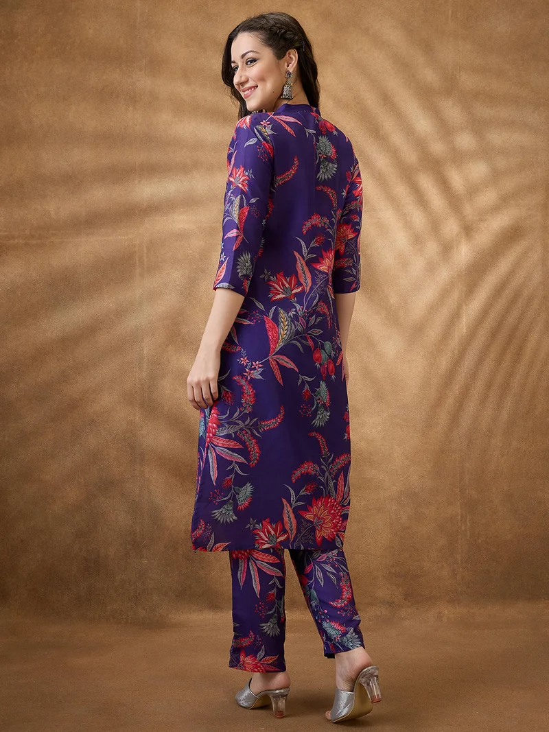 globus Women Purple Mandarin Collar Floral Print Button Down Front Slit Straight Kurta With Pants Fusion Set