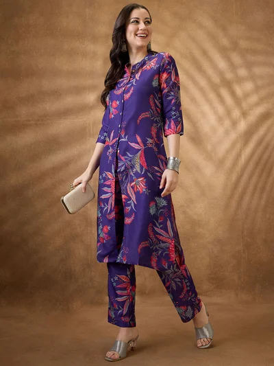 globus Women Purple Mandarin Collar Floral Print Button Down Front Slit Straight Kurta With Pants Fusion Set