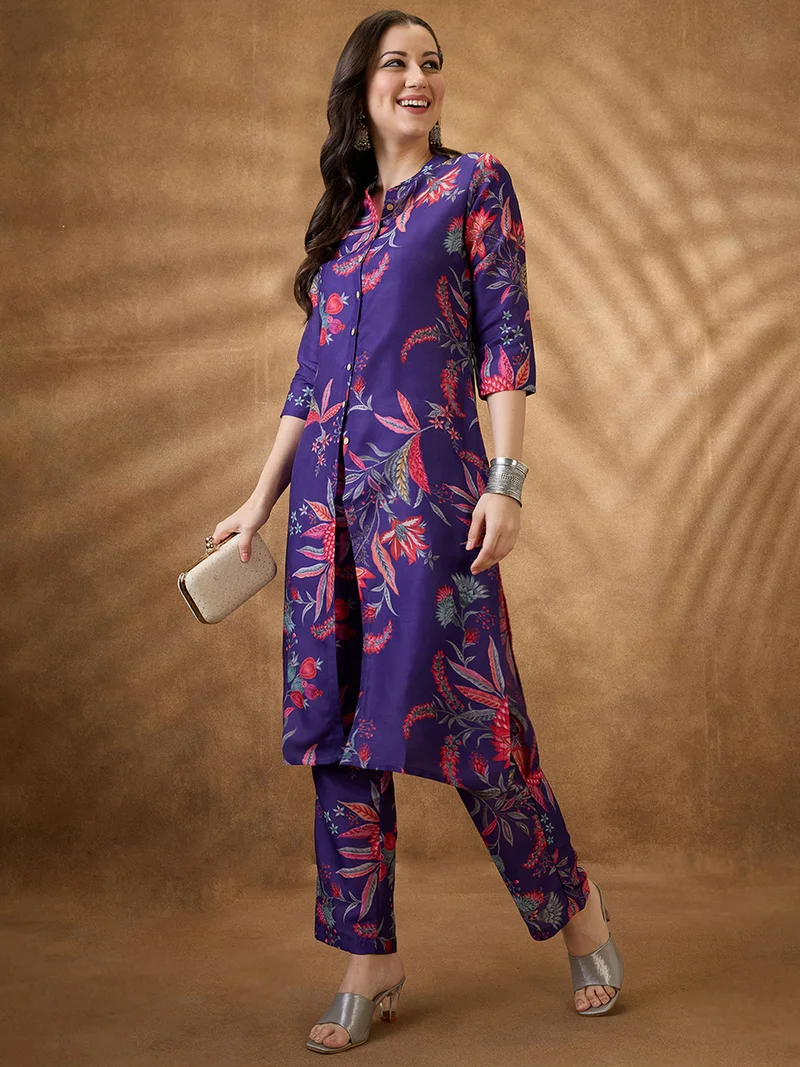 globus Women Purple Mandarin Collar Floral Print Button Down Front Slit Straight Kurta With Pants Fusion Set