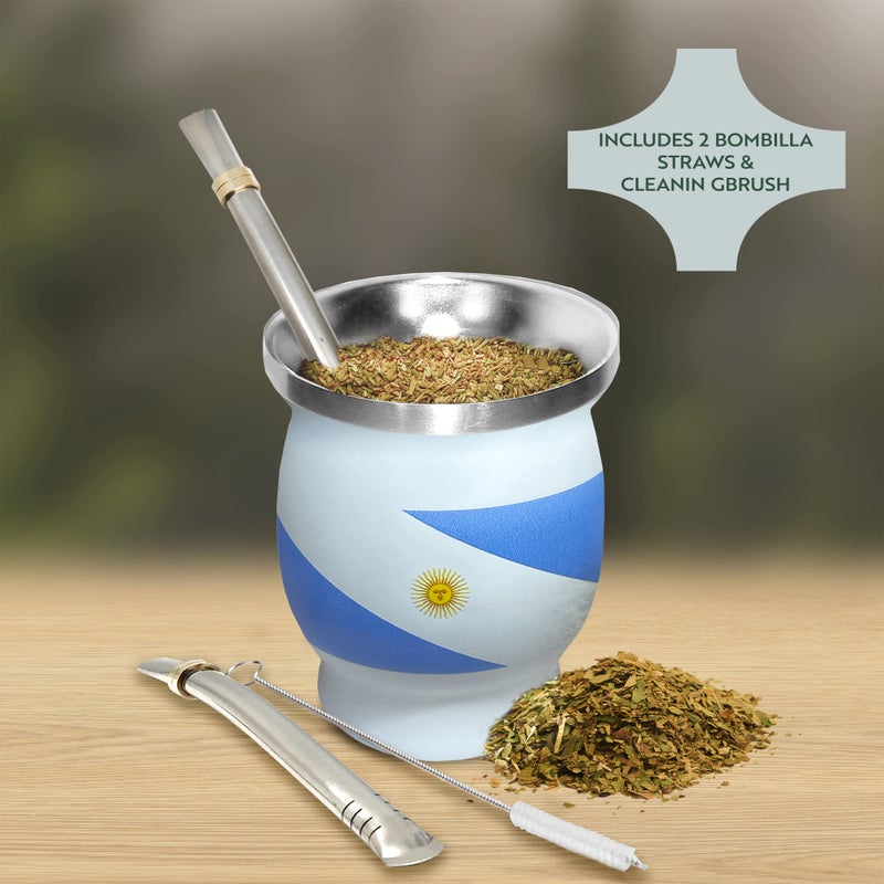 Norte Group Norte Yerba Mate Cup Set â€“ Stainless Steel Blue & White Insulated 8 oz Cup/Gourd with 2 Bombillas & Cleaning Brush â€“ Traditional Yerba Mate Kit for Tea Drinkers, Travel & Everyday Use - Image 2