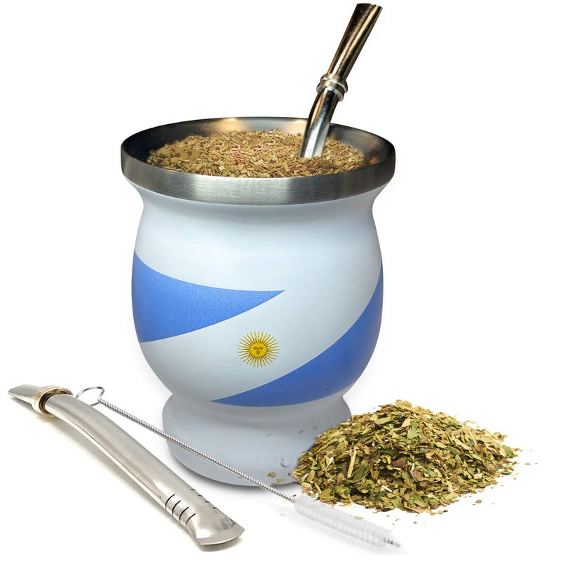 Norte Group Norte Yerba Mate Cup Set â€“ Stainless Steel Blue & White Insulated 8 oz Cup/Gourd with 2 Bombillas & Cleaning Brush â€“ Traditional Yerba Mate Kit for Tea Drinkers, Travel & Everyday Use - Image 1