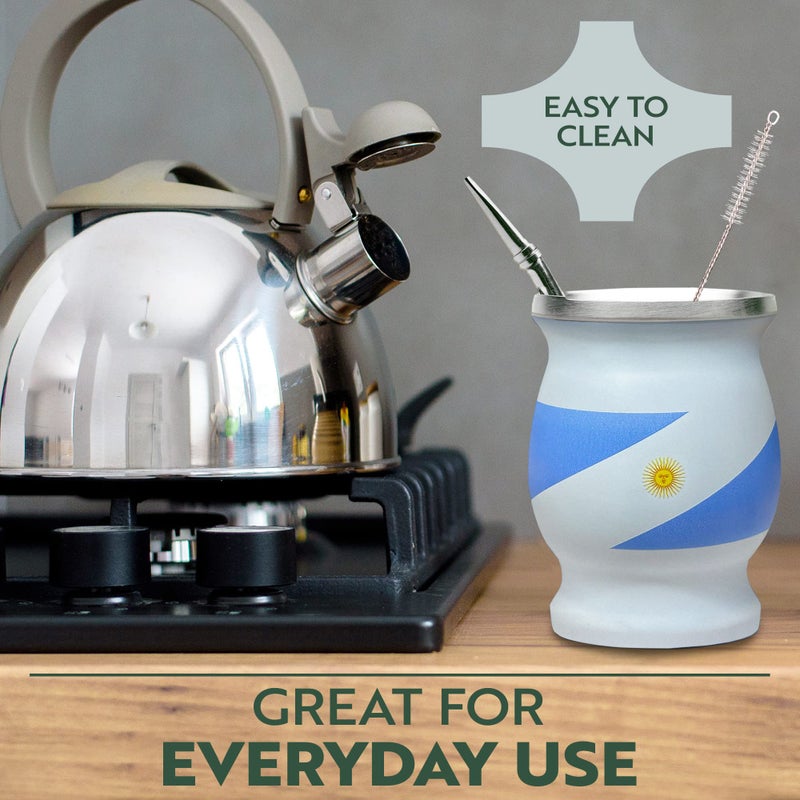 Norte Group Norte Yerba Mate Cup Set â€“ Stainless Steel Blue & White Insulated 8 oz Cup/Gourd with 2 Bombillas & Cleaning Brush â€“ Traditional Yerba Mate Kit for Tea Drinkers, Travel & Everyday Use - Image 4