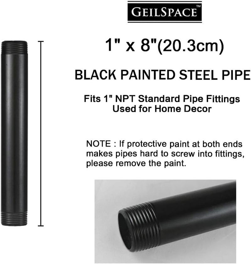 GeilSpace 1" × 8" Pre-Cut Black Metal Pipe, Industrial Steel Fits Standard One Inch Threaded Pipes and Fittings - Vintage DIY Industrial Shelving (1" × 8", Black) - Image 2