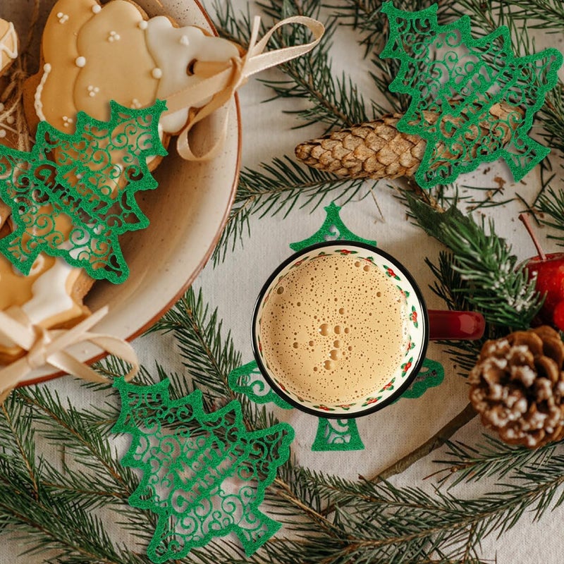BASEMMAHER Christmas Trees Coasters Green Xmas Tree Shape Felt Tableware Cup Mats Merry Christmas Coasters Heat Insulation Drink Wine Tea Coffee Mats for Christmas New Year Winter Party Home Decoration 8Pcs - Image 4