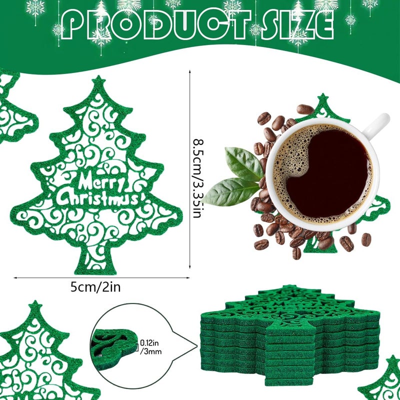 BASEMMAHER Christmas Trees Coasters Green Xmas Tree Shape Felt Tableware Cup Mats Merry Christmas Coasters Heat Insulation Drink Wine Tea Coffee Mats for Christmas New Year Winter Party Home Decoration 8Pcs - Image 2