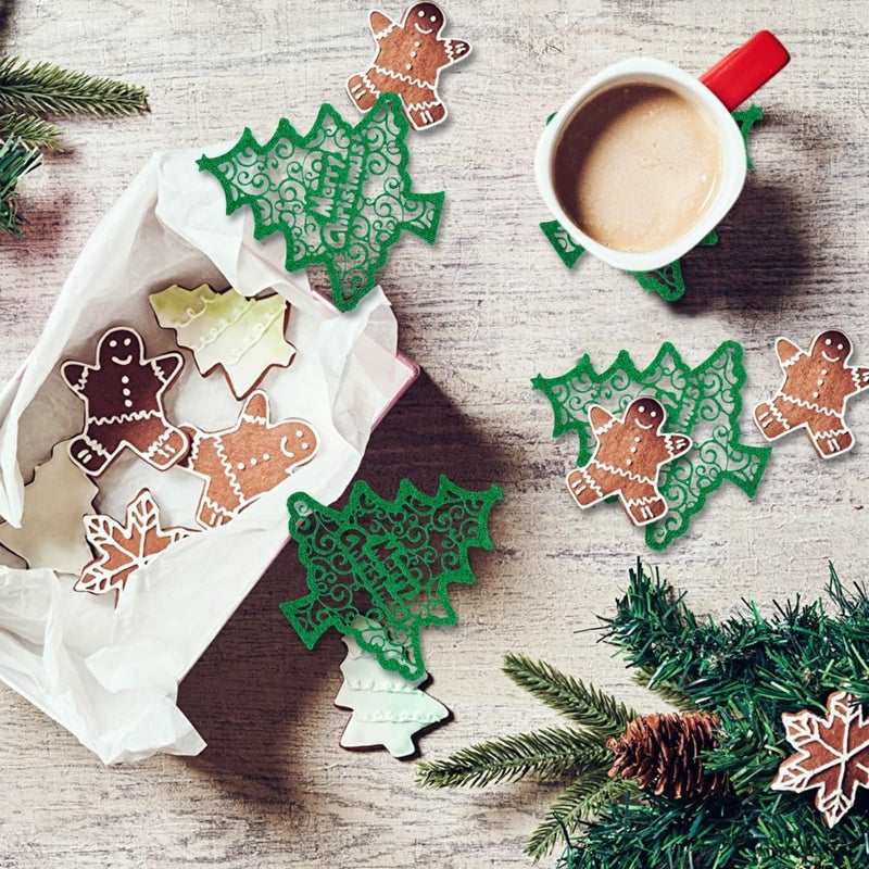 BASEMMAHER Christmas Trees Coasters Green Xmas Tree Shape Felt Tableware Cup Mats Merry Christmas Coasters Heat Insulation Drink Wine Tea Coffee Mats for Christmas New Year Winter Party Home Decoration 8Pcs - Image 5