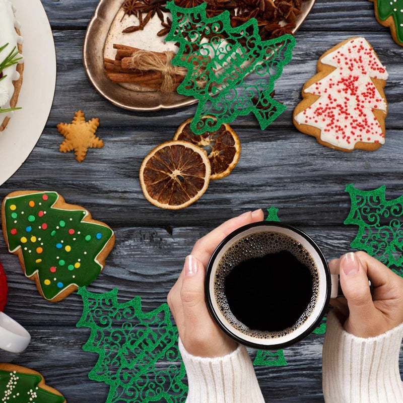 BASEMMAHER Christmas Trees Coasters Green Xmas Tree Shape Felt Tableware Cup Mats Merry Christmas Coasters Heat Insulation Drink Wine Tea Coffee Mats for Christmas New Year Winter Party Home Decoration 8Pcs - Image 3