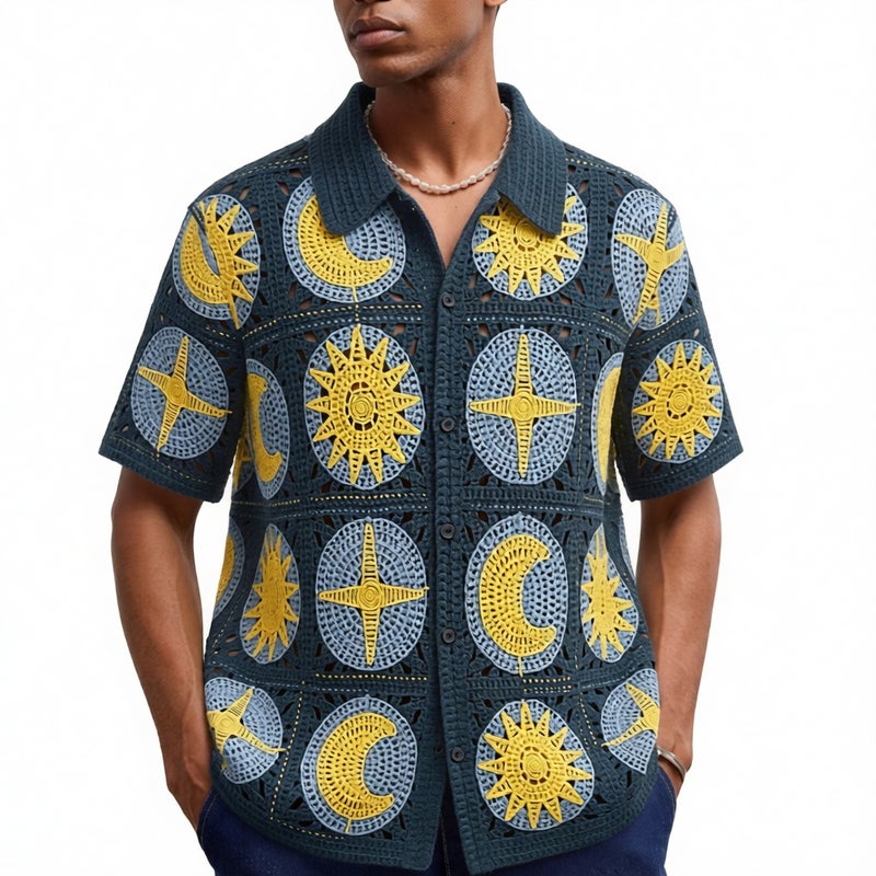 Men's Vintage Hawaiian Knit Short Sleeve Open Front Cardigan Polo Shirt