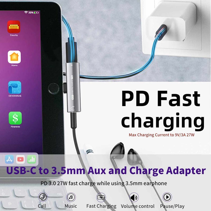 ZVGMOOE محول سماعات USB C، 2 في 1 USB C إلى جاك سماعة 3.5 مم HiFi DAC مع محول شحن سريع 27 واط متوافق مع iPhone 15 15Pro 15promax، Samsung Galaxy S23 S22 S21 S20+ Note 20 Pixel 6/5 - Image 2