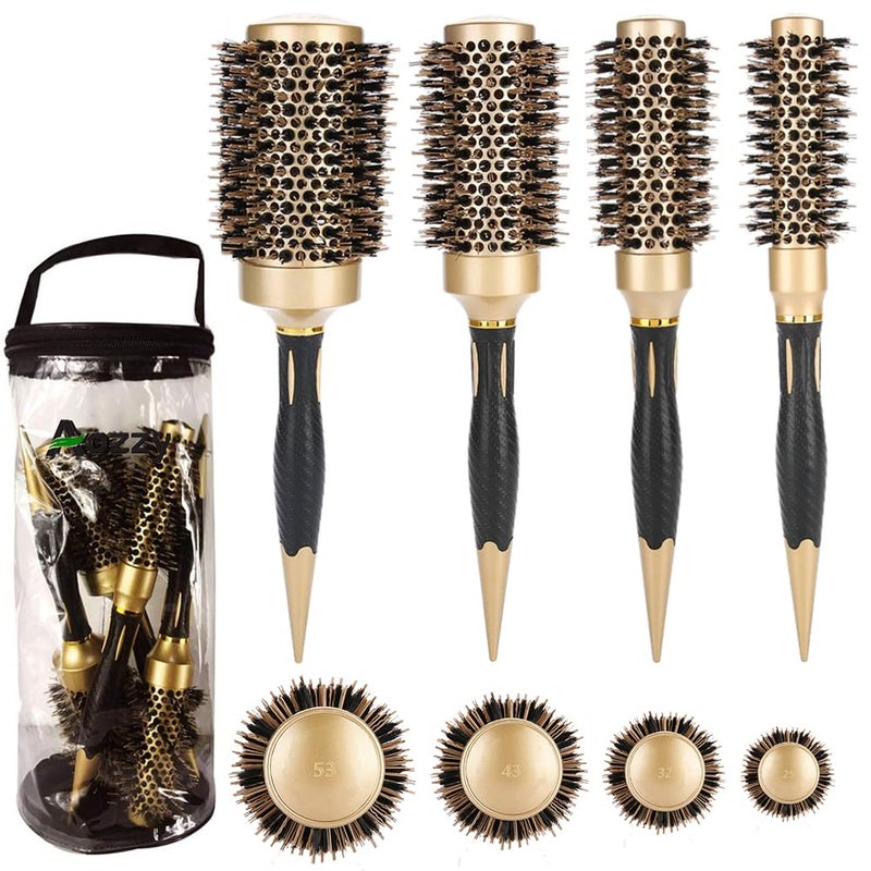 Aozzy Hair Brush Round Brush Set for Blow Drying  Professional Boar Bristle Hair Styling Brush NanothermicIon Technology Vented Ceramic Barrel for Women  4 Size Options Golden